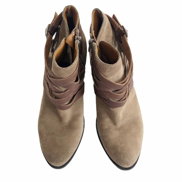 Lucky Brand "Elwood" Tan Suede Belted Booties - Picture 2 of 11